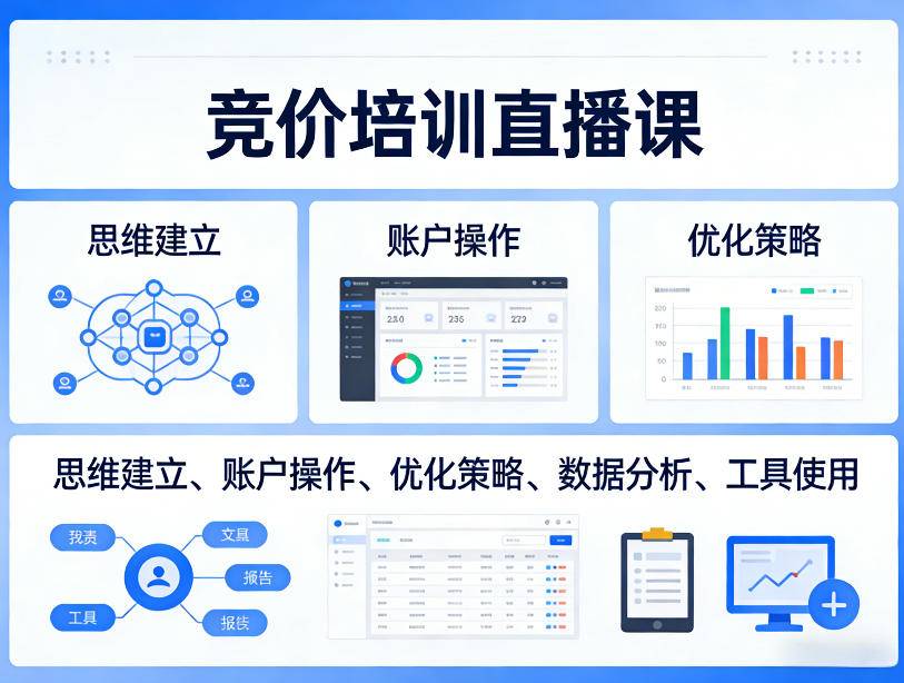 竞价培训直播课，覆盖思维建立、账户操作、优化策略、数据分析、工具使用等，全方位提升效果-云推网创项目库