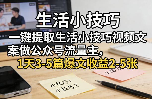 一键提取生活小技巧视频文案做公众号流量主，1天3-5篇爆文收益2-5张-云推网创项目库