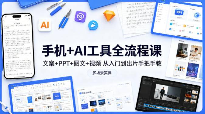 手机+AI工具全流程课，文案+PPT+图文+视频，从入门到出片手把手教，多场景实操(更新)-云推网创项目库