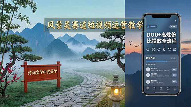 风景类赛道短视频运营教学：诗词文学中式美学，新号养号对标账号定位，DOU+高性价比投放全流程-云推网创项目库
