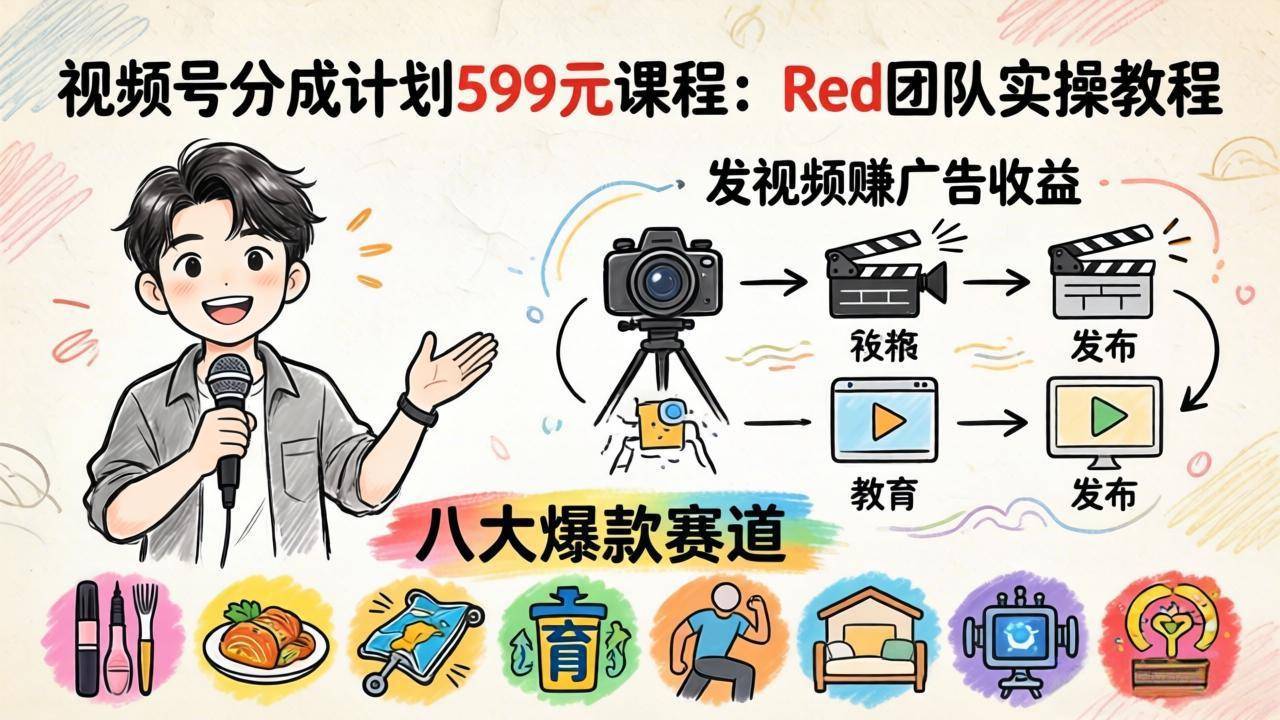 视频号分成计划599元课程：Red团队实操教程，发视频赚广告收益，八大爆款赛道全掌握-云推网创项目库