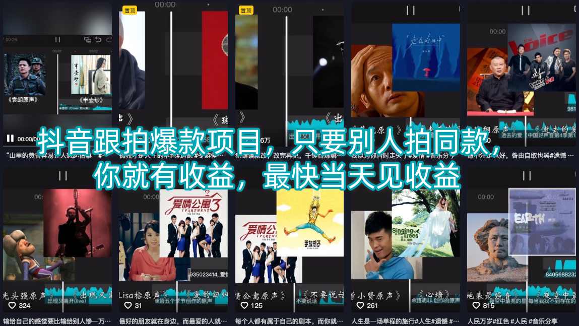 抖音跟拍爆款项目，只要别人拍同款，你就有收益，最快当天见收益-云推网创项目库