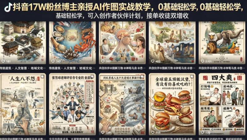 抖音17W粉丝博主亲授AI作图实战教学，0基础轻松学，可入创作者伙伴计划，接单收徒双增收-云推网创项目库