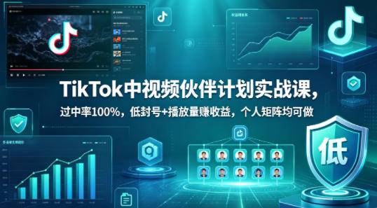 TikTok中视频伙伴计划实战课,过中率100%,低封号+播放量賺收益,个人矩阵均可做-云推网创项目库