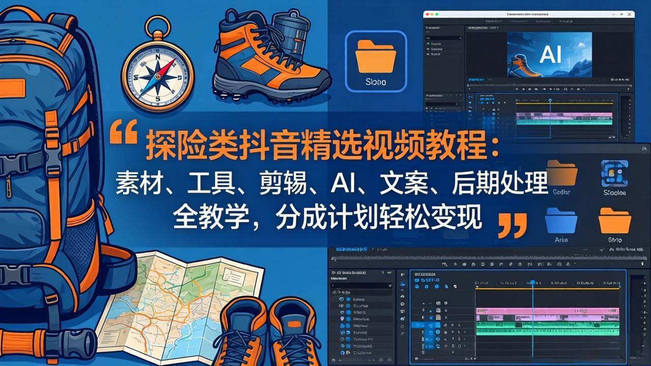 探险类抖音精选视频教程：素材、工具、剪辑、AI、文案、后期处理全教学，分成计划轻松变现-云推网创项目库
