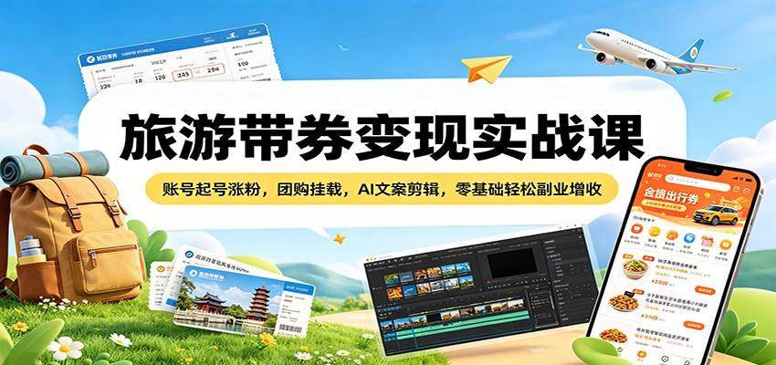 旅游带券变现实战课：账号起号涨粉，团购挂载，AI文案剪辑，零基础轻松副业增收-云推网创项目库