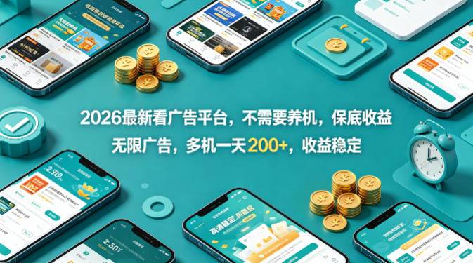 2026最新看广告平台，不需要养机，保底收益，无限广告，多机一天200+，收益稳定【揭秘】-云推网创项目库