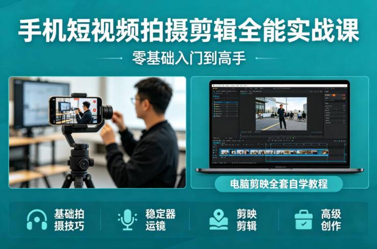 手机短视频拍摄剪辑全能实战课：零基础入门到高手，稳定器运镜+电脑剪映全套自学教程-云推网创项目库