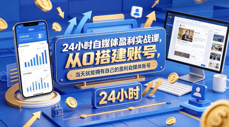 24小时自媒体盈利实战课，从0搭建账号，当天就能拥有自己的盈利自媒体账号-云推网创项目库