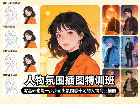 人物氛围插图特训班，零基础也能一步步画出氛围感十足的人物商业插图-云推网创项目库