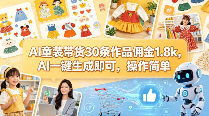 AI童装带货30条作品佣金1.8k，AI一键生成即可，操作简单-云推网创项目库