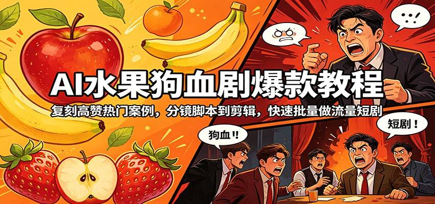 AI水果狗血剧爆款教程：复刻高赞热门案例，分镜脚本到剪辑，快速批量做流量短剧-云推网创项目库