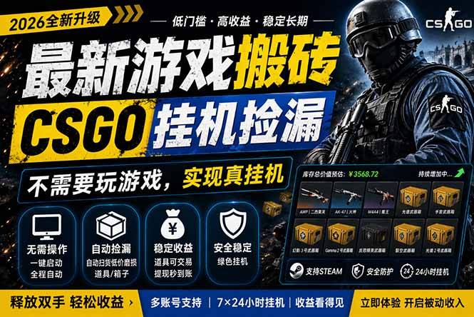 最新游戏搬砖，CSGO纯挂机，不需要玩游戏，实现真挂机，月入1W+，五一小高峰上车可吃肉，...-云推网创项目库