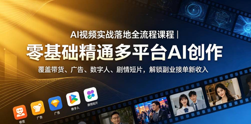 AI视频实战落地全流程课程｜零基础精通多平台AI创作，覆盖带货、广告、数字人、剧情短片，解锁副业接单新收入-云推网创项目库