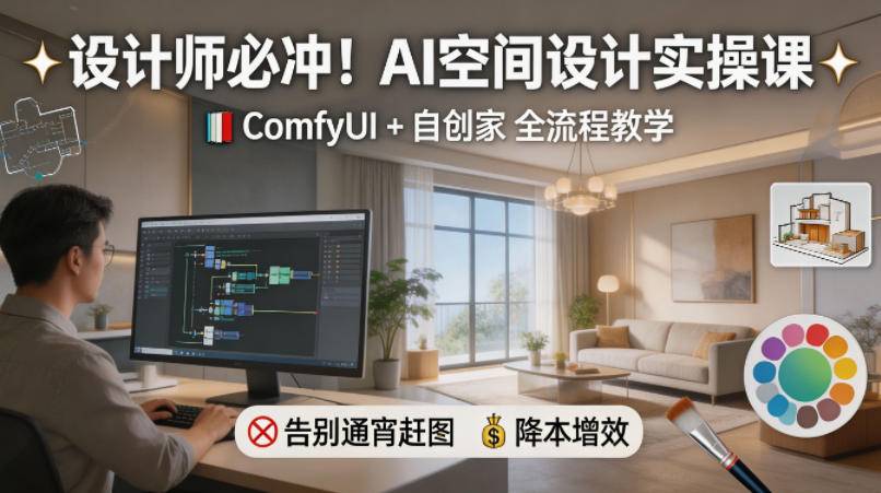 设计师必冲！AI空间设计实操课，ComfyUI+自创家全教学，告别通宵赶图，降本增效-云推网创项目库