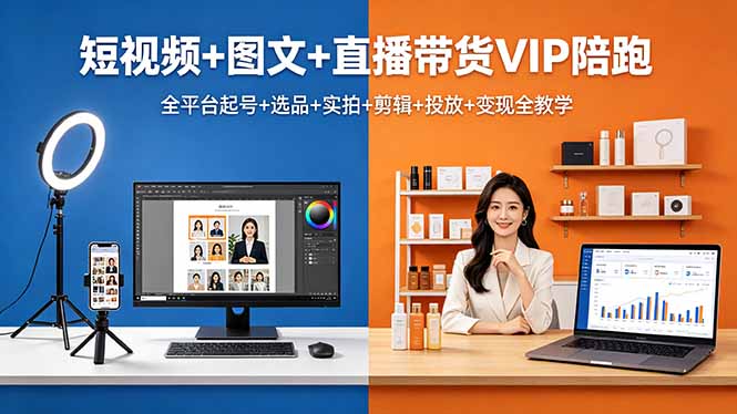 短视频+图文+直播带货VIP陪跑，全平台起号+选品+实拍+剪辑+投放+变现全教学-云推网创项目库