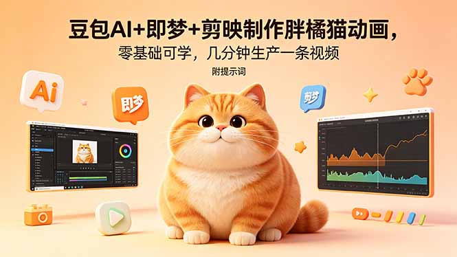 豆包AI+即梦+剪映制作胖橘猫动画，零基础可学，几分钟生产一条视频，附提示词-云推网创项目库
