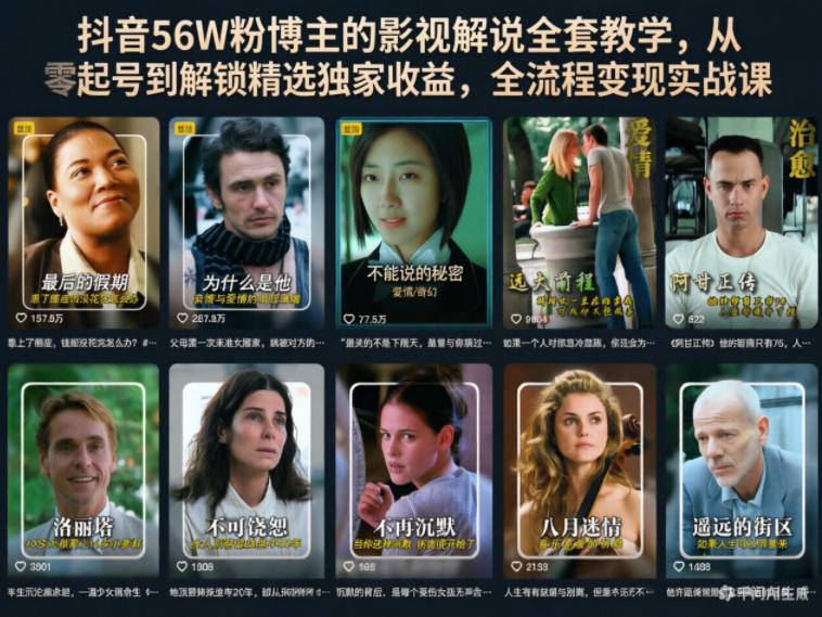 抖音56W粉博主的影视解说全套教学，从零起号到解锁精选独家收益，全流程变现实战课-云推网创项目库