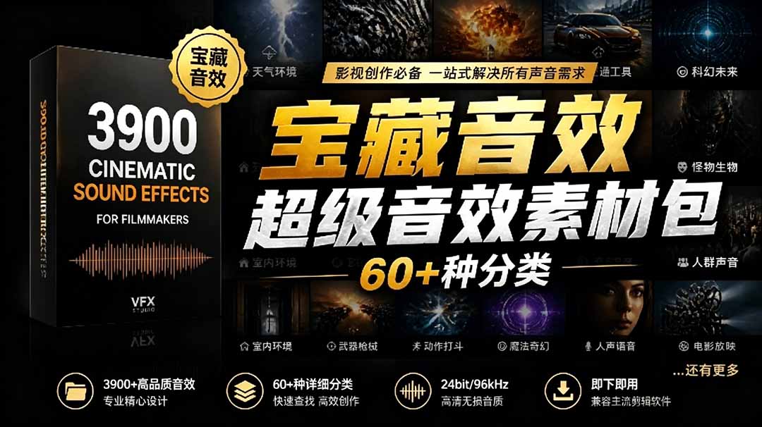 宝藏音效合集包！60+多种音效分类，共计3900个，分类清晰，全中文分类，高品质剪辑音效素材包-云推网创项目库