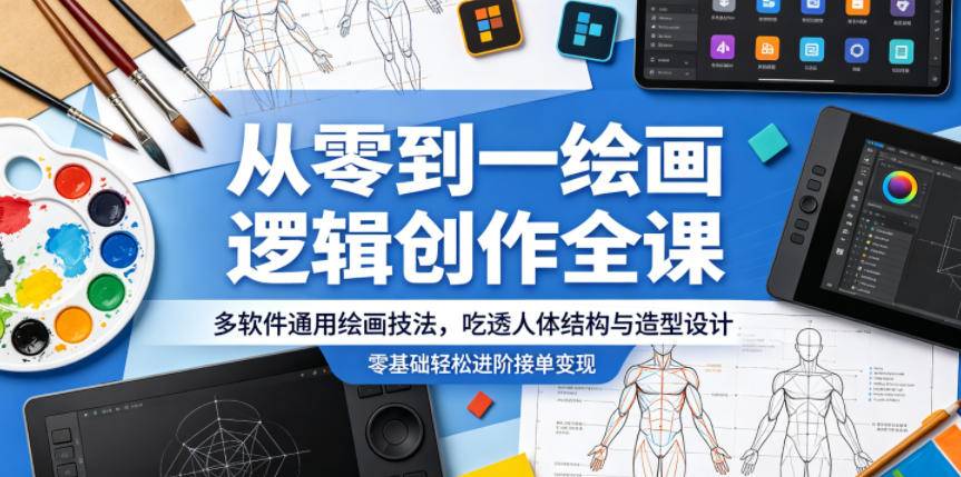 从零到一绘画逻辑创作全课,多软件通用绘画技法,吃透人体结构与造型设计,零基础轻松进阶接单变现-云推网创项目库
