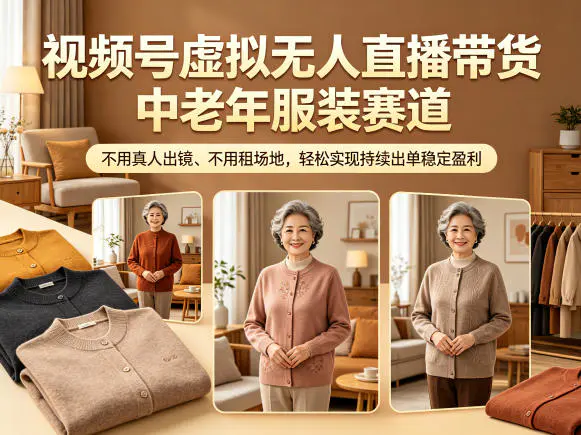 视频号虚拟无人直播带货中老年服装赛道,不用真人出镜、不用租场地,轻松实现持续出单稳定盈利