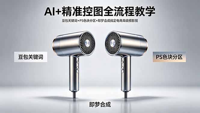 AI+精准控图全流程教学 豆包关键词+PS色块分区+即梦合成搞定电商高级摄影图-云推网创项目库
