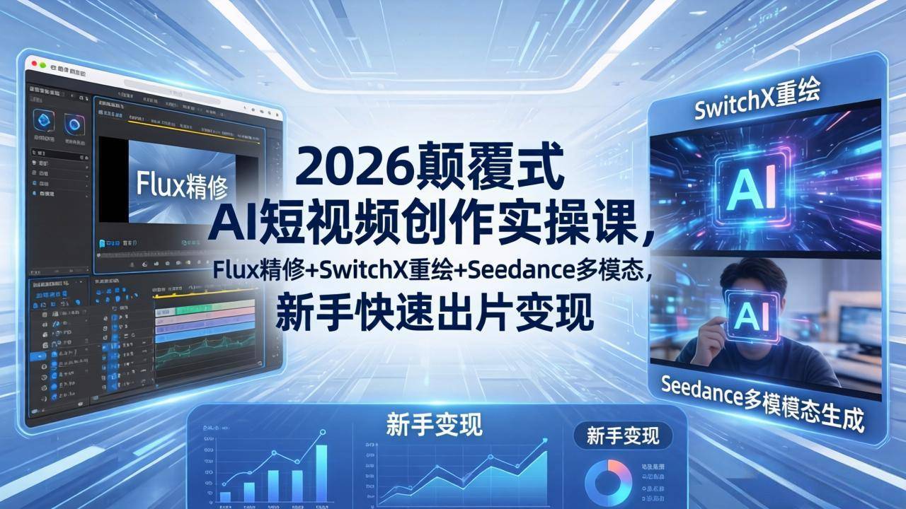 2026颠覆式 AI短视频创作课-5月更新，Flux精修+SwitchX重绘+Seedance多模态，新手快速出片变现-云推网创项目库