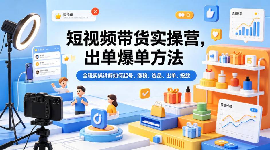 短视频带货实操营，出单爆单方法，全程实操讲解如何起号、涨粉、选品、出单、投放(更新0515)-云推网创项目库