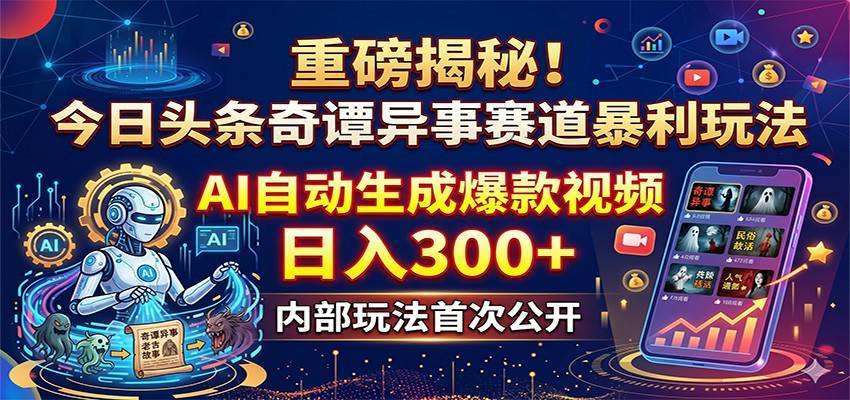 重磅揭秘！今日头条奇谭异事赛道暴利玩法：AI自动生成爆款视频，日入300+-云推网创项目库
