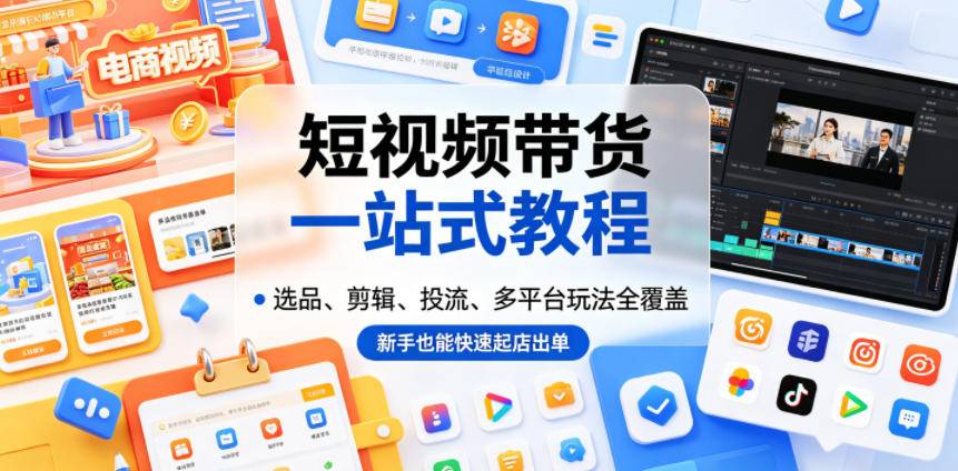 短视频带货一站式教程，选品、剪辑、投流、多平台玩法全覆盖，新手也能快速起店出单-云推网创项目库