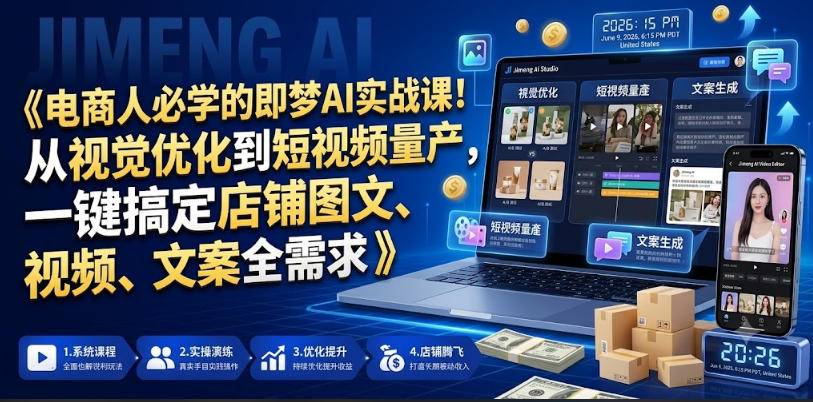 电商人必学的即梦AI实战课!从视觉优化到短视频量产,一键搞定店铺图文、视频、文案全需求-云推网创项目库