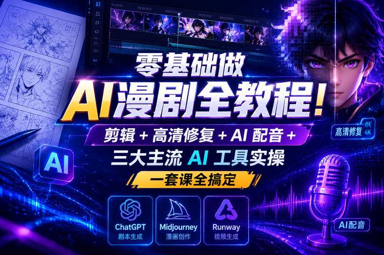 零基础做AI漫剧全教程！剪辑+高清修复+AI配音+三大主流AI工具实操，一套课全搞定-云推网创项目库