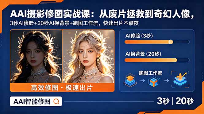 AI摄影修图实战课:从废片拯救 到 奇幻人像,3秒AI修脸+20秒AI换背景+跑图工作流,快速出片不熬夜-云推网创项目库