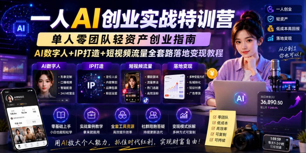 一人AI创业实战特训营，单人零团队轻资产创业指南，AI数字人+IP打造+短视频流量全套路落地变现教程-云推网创项目库