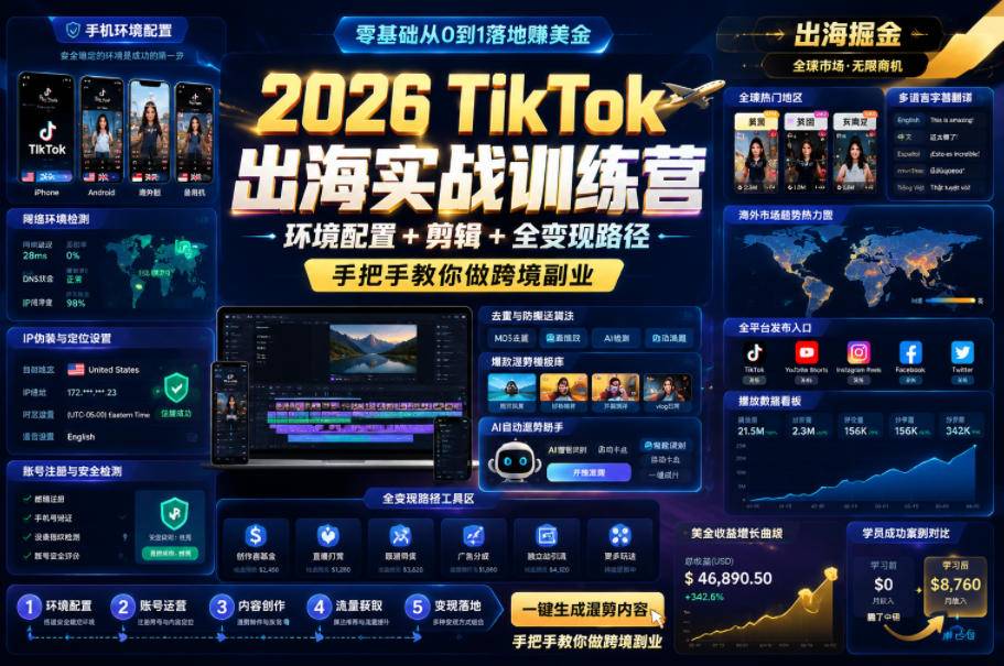 2026 TikTok出海实战训练营,环境配置 + 剪辑 + 全变现路径,手把手教你做跨境副业-云推网创项目库