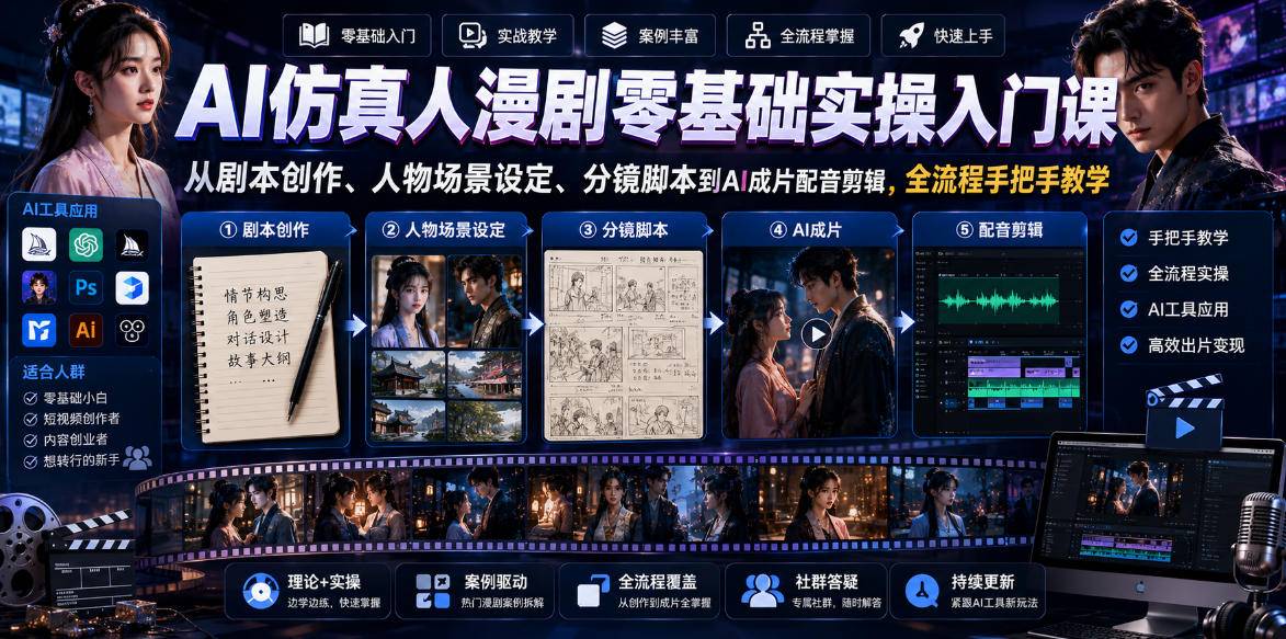 AI仿真人漫剧零基础实操入门课,从剧本创作、人物场景设定、分镜脚本到AI成片配音剪辑,全流程手把手教学-云推网创项目库