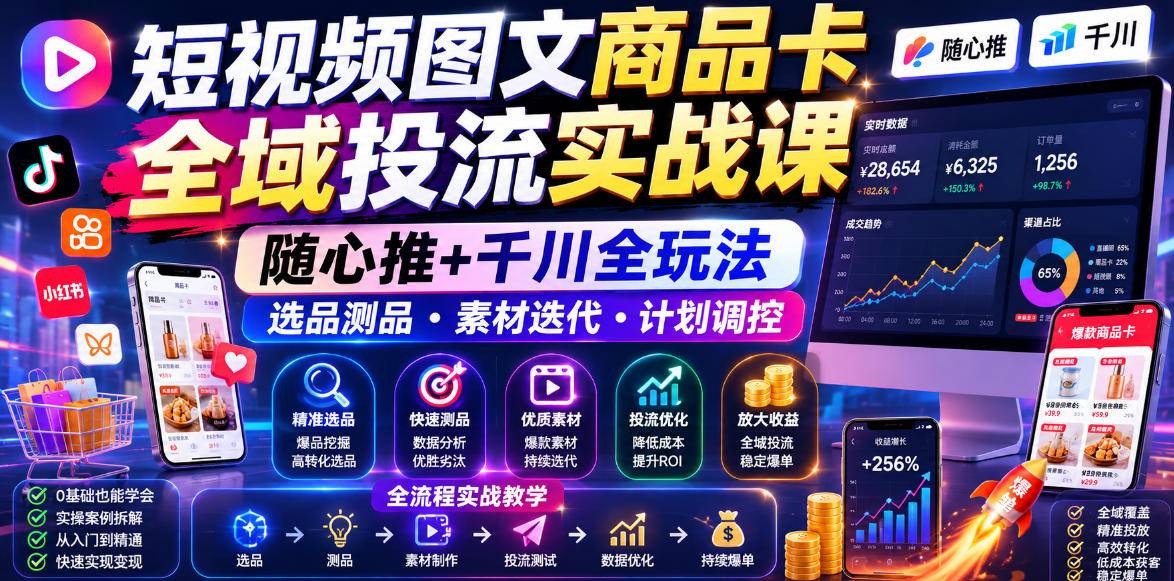 短视频图文商品卡全域投流实战课，随心推+千川全玩法，选品测品・素材迭代・计划调控，提升ROI爆单增收教程-云推网创项目库