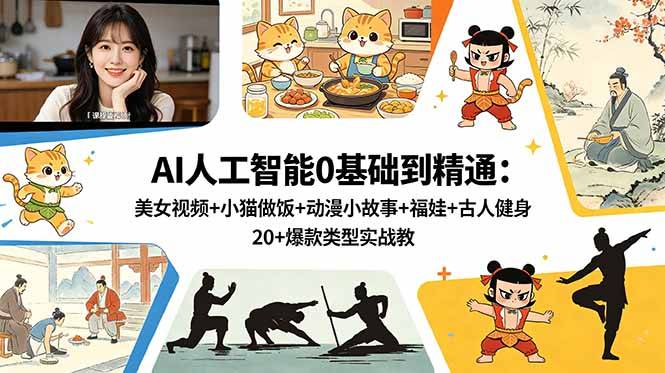 AI人工智能0基础到精通:美女视频+小猫做饭+动漫小故事+福娃+古人健身,20+爆款类型实战教学-云推网创项目库
