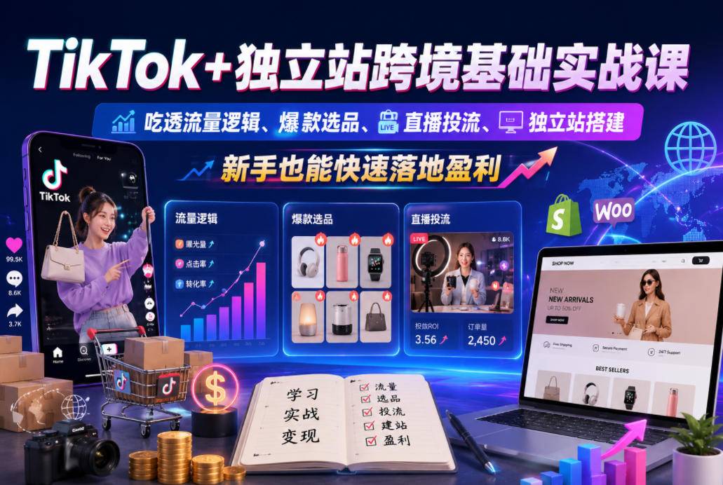 TikTok+独立站跨境基础实战课，吃透流量逻辑、爆款选品、直播投流与独立站搭建，新手也能快速落地盈利-云推网创项目库