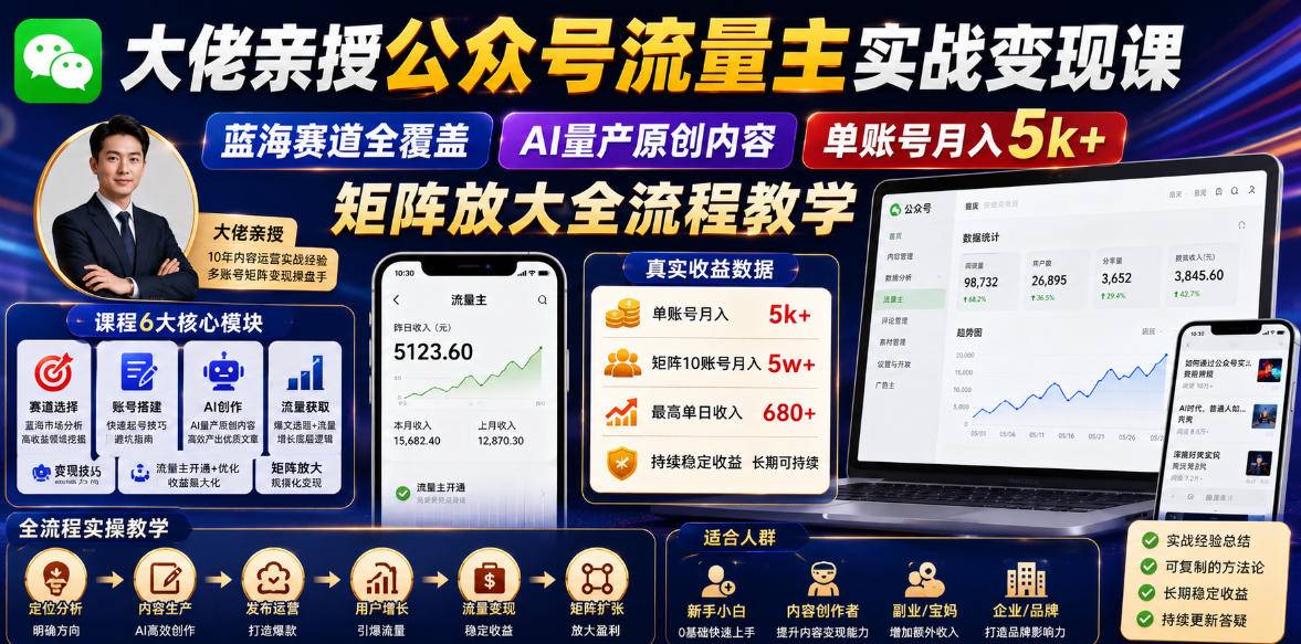 大佬亲授公众号流量主实战变现课,蓝海赛道全覆盖,AI量产原创内容,单账号月入5k+矩阵放大全流程教学-云推网创项目库