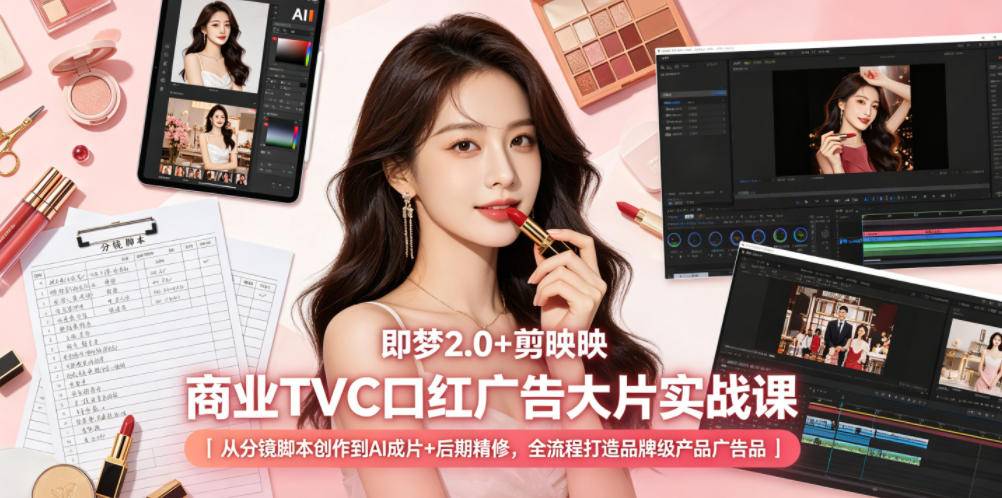 即梦2.0+剪映商业TVC口红广告大片实战课｜从分镜脚本创作到AI成片+后期精修，全流程打造品牌级产品广告-云推网创项目库