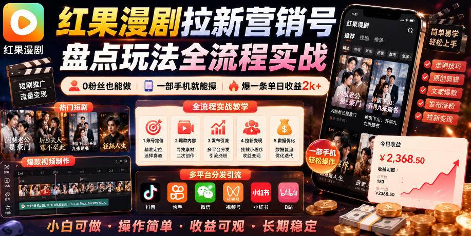 红果漫剧拉新营销号盘点玩法全流程实战，0粉丝也能做，一部手机就能做，爆一条单日收益2k+-云推网创项目库