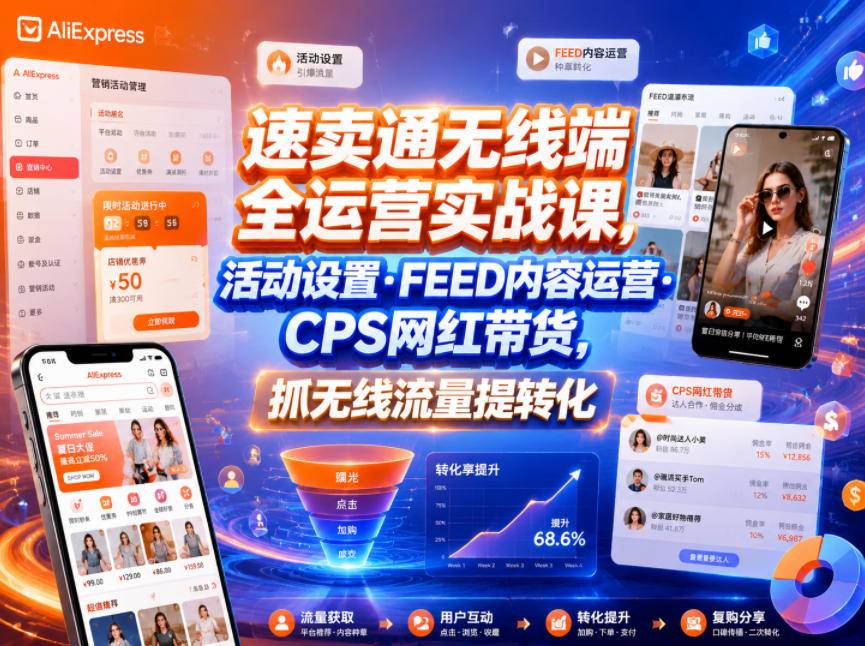 速卖通无线端全运营实战课，活动设置・FEED内容运营・CPS网红带货，抓无线流量提转化-云推网创项目库