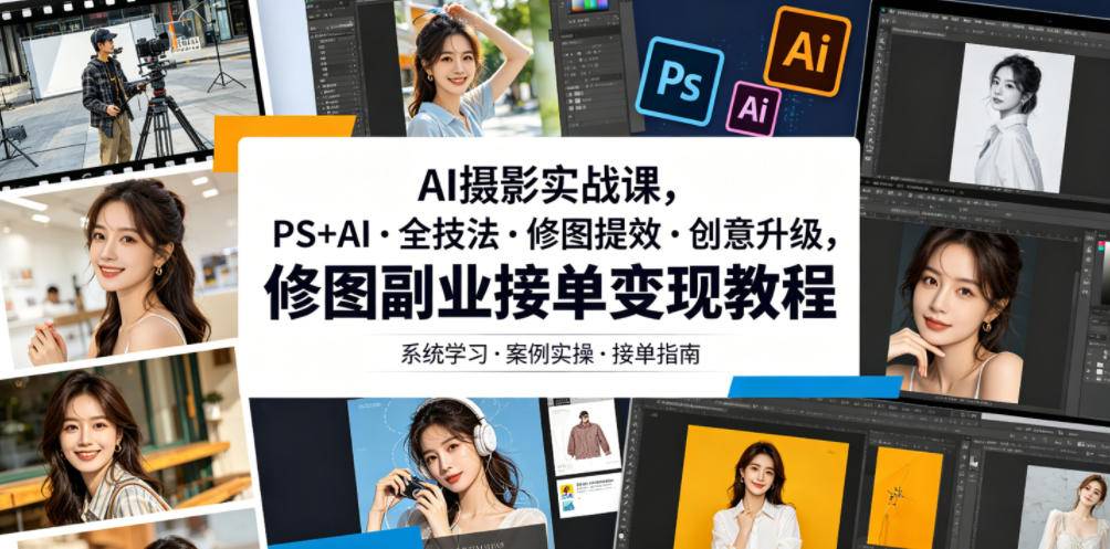 AI摄影实战课，PS+AI・全技法・修图提效・创意升级，修图副业接单变现教程-云推网创项目库