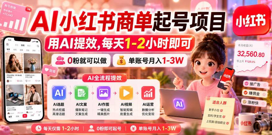 AI小红书商单起号项目,用AI提效,每天1-2小时即可,0粉就可以做,单账号月入1-3W-云推网创项目库