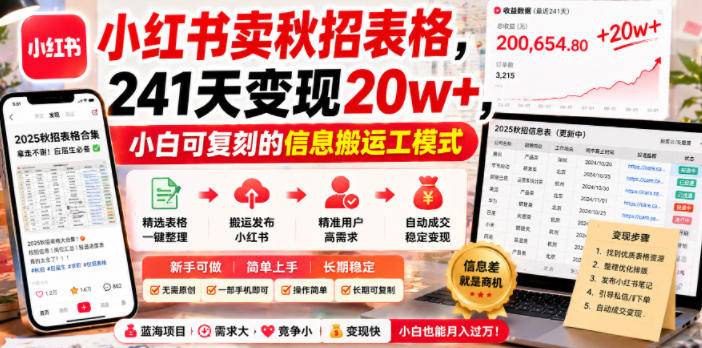 小红书卖秋招表格，241天变现20w+，小白可复刻的信息搬运工模式-云推网创项目库