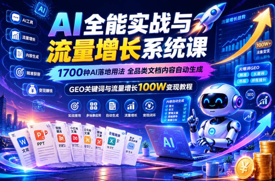 AI全能实战与流量增长系统课，1700种AI落地用法，全品类文档内容自动生成，GEO关键词与流量增长100W变现教程-云推网创项目库